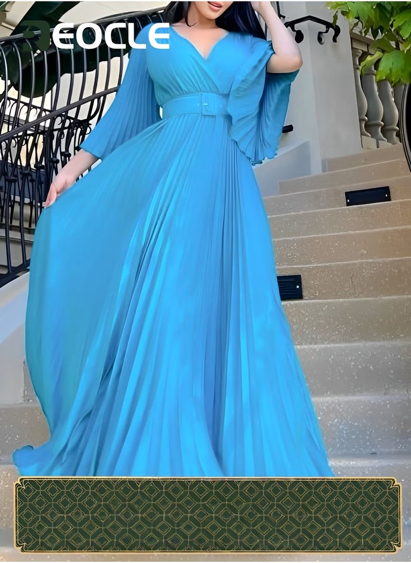 REOCLE Women's Maxi Elegant V Neck Cocktail Dress Wedding Evening Pleated A Line Rocker Swing Dress with Belt - Image 1