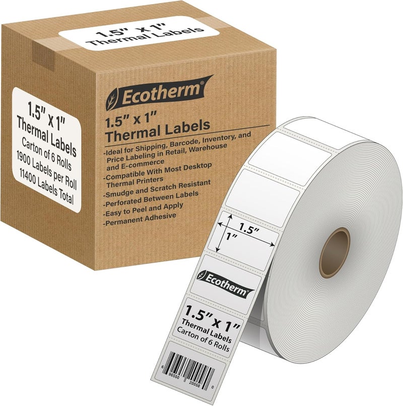 Ecotherm 1.5" x 1" Thermal Labels | 6 Rolls | 11400 Labels | fits Zebra, Godex, Arkscan, iDPRT, Offnova Thermal Label Printers and More | Blank White Adhesive Stickers by - Image 1