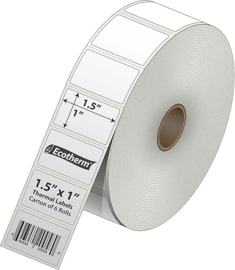 Ecotherm 1.5" x 1" Thermal Labels | 6 Rolls | 11400 Labels | fits Zebra, Godex, Arkscan, iDPRT, Offnova Thermal Label Printers and More | Blank White Adhesive Stickers by - Image 2