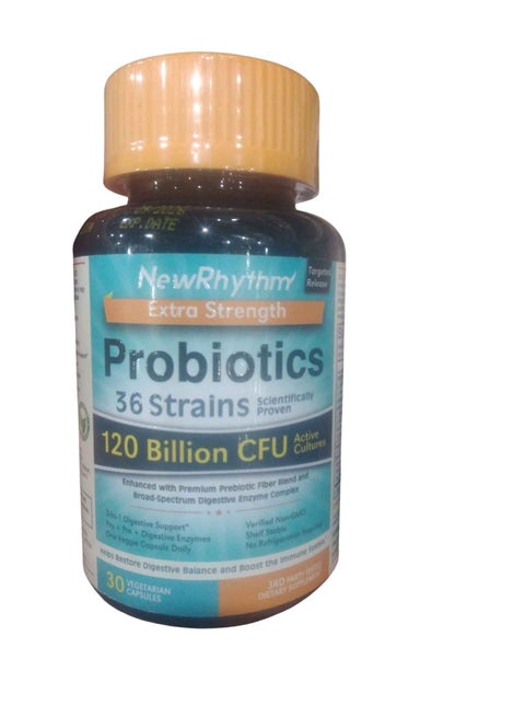 NewRhythm Extra Strength Probiotics 120 Billion CFU 36 Strains, 3-in-1 Digestive & Immune Support with Prebiotics & Enzymes, Targeted Release, Stomach Acid Resistant, No Refrigeration, Non-GMO, Vegan