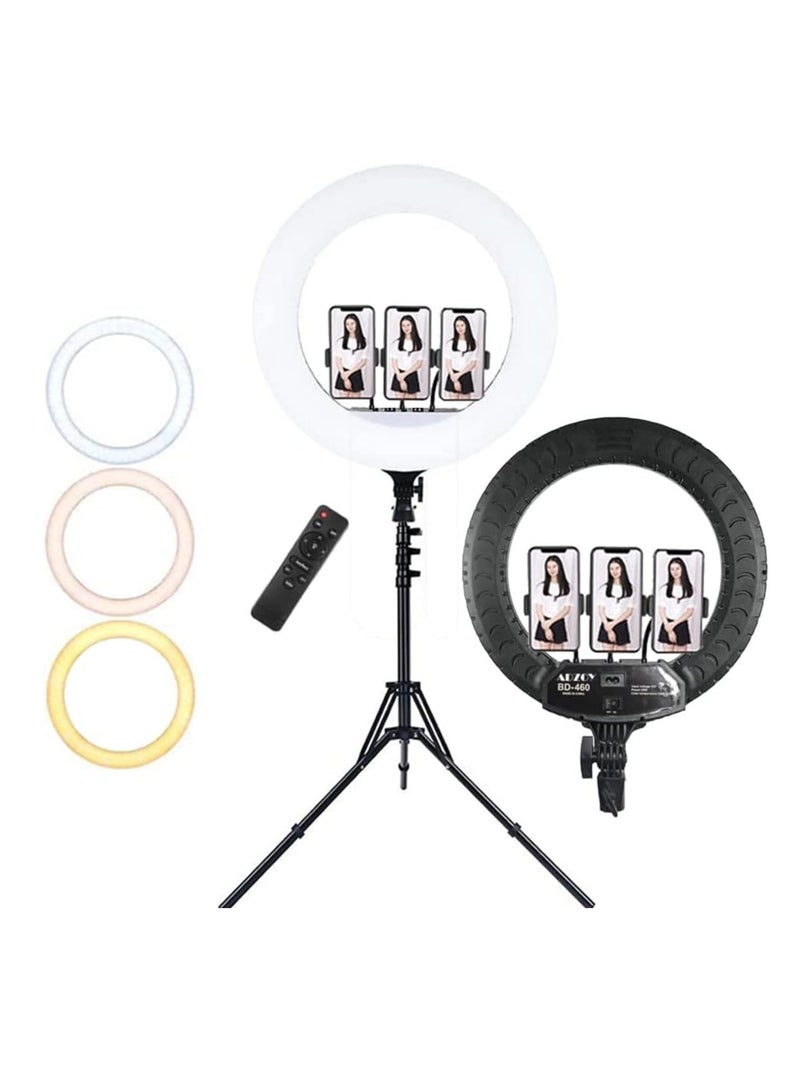 LED Ring Light with 3 Color Modes, Dimmable for YouTube, Photography, Video, Live Streaming, Makeup, and Vlogging (Includes 3 Stands + Remote Control, 46 cm Ring + Stand) - Image 1