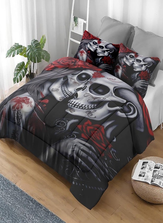 Pamnest Skull Comforter Set Full Size, Love Funny Skeleton Soft 3 Pcs Funny Bedding for Adults, Vintage Red Rose Comforter Set with Pillowcase, for Bedroom Bed Decor - Image 2