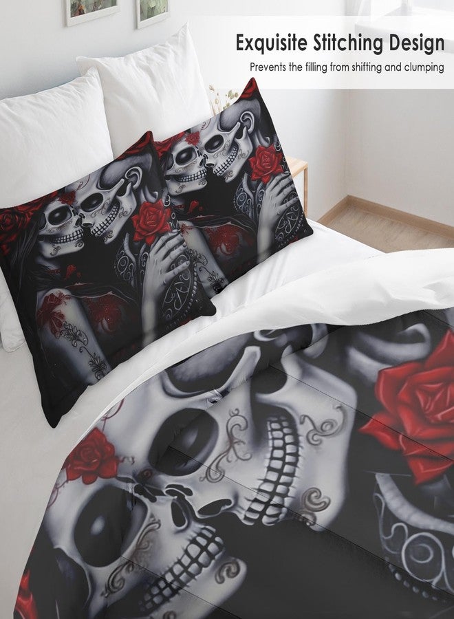 Pamnest Skull Comforter Set Full Size, Love Funny Skeleton Soft 3 Pcs Funny Bedding for Adults, Vintage Red Rose Comforter Set with Pillowcase, for Bedroom Bed Decor - Image 4