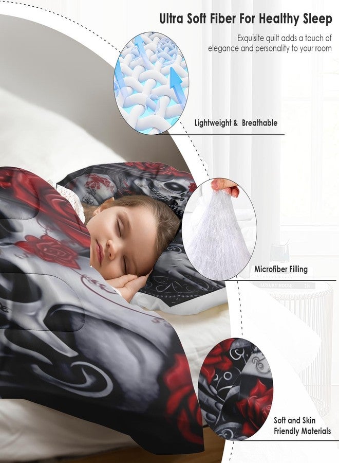 Pamnest Skull Comforter Set Full Size, Love Funny Skeleton Soft 3 Pcs Funny Bedding for Adults, Vintage Red Rose Comforter Set with Pillowcase, for Bedroom Bed Decor - Image 5