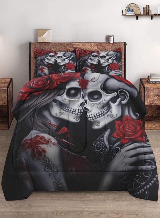 Pamnest Skull Comforter Set Full Size, Love Funny Skeleton Soft 3 Pcs Funny Bedding for Adults, Vintage Red Rose Comforter Set with Pillowcase, for Bedroom Bed Decor - Image 3