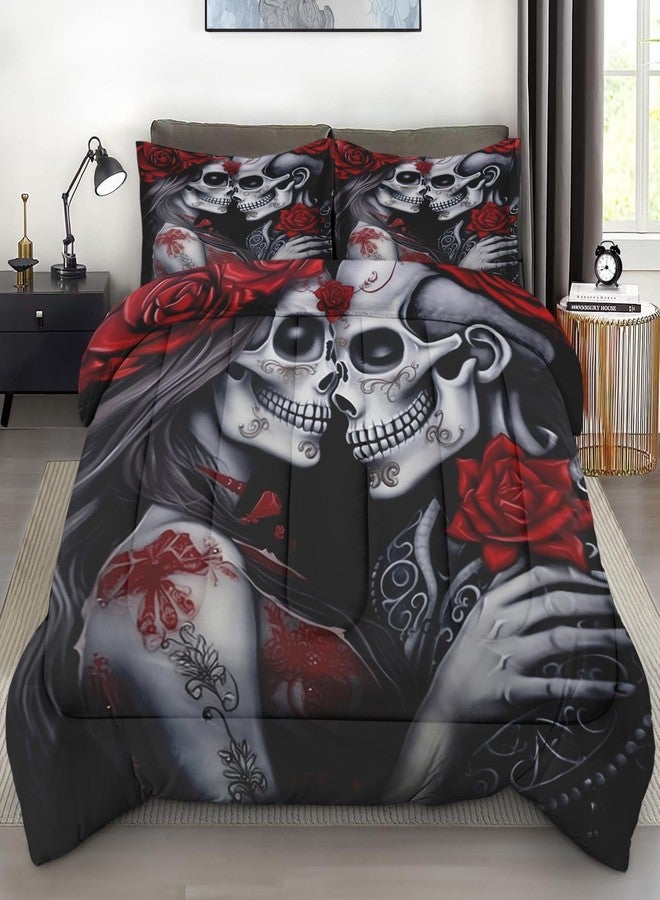 Pamnest Skull Comforter Set Full Size, Love Funny Skeleton Soft 3 Pcs Funny Bedding for Adults, Vintage Red Rose Comforter Set with Pillowcase, for Bedroom Bed Decor - Image 1