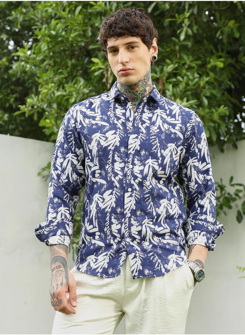 كامبوس سوترا Men's Navy Blue Botanical Print Cotton Blend Full Sleeve Shirt