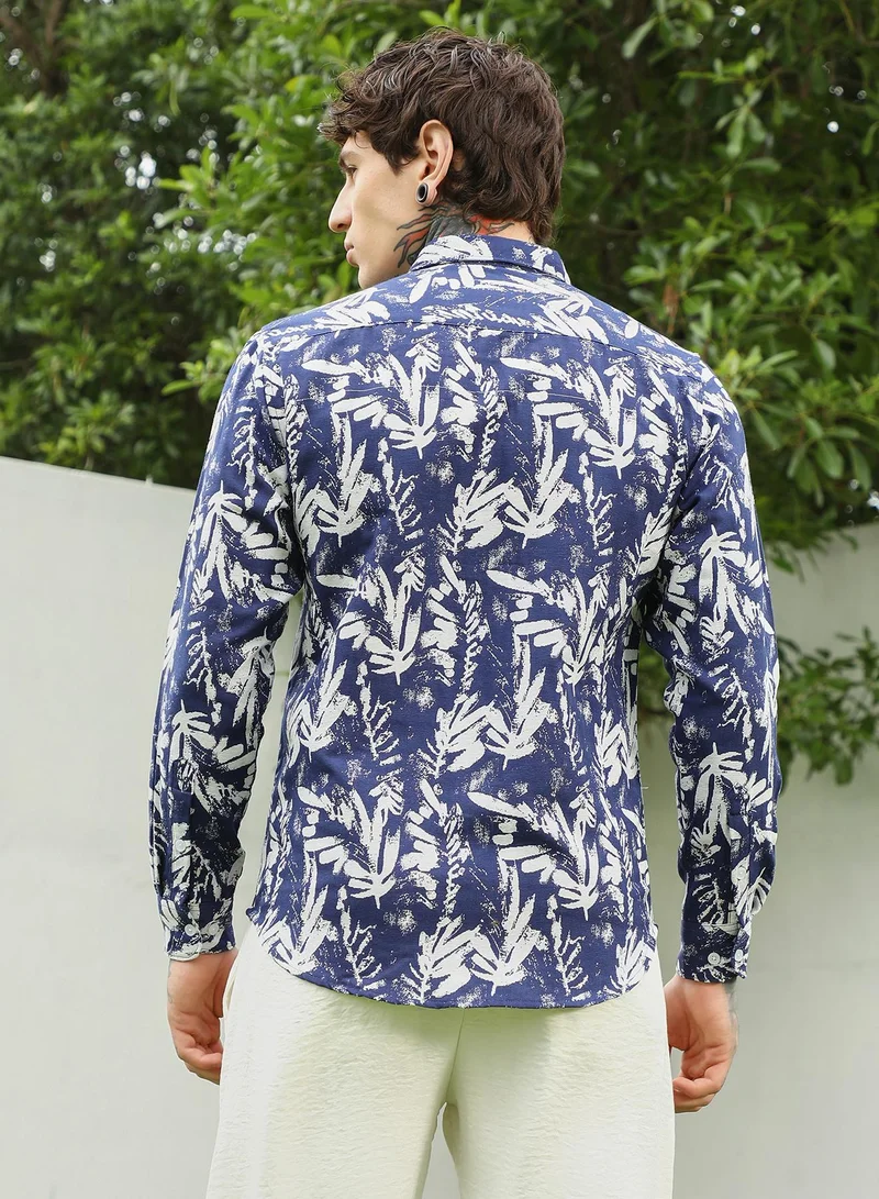 Campus Sutra Men's Navy Blue Botanical Print Cotton Blend Full Sleeve Shirt