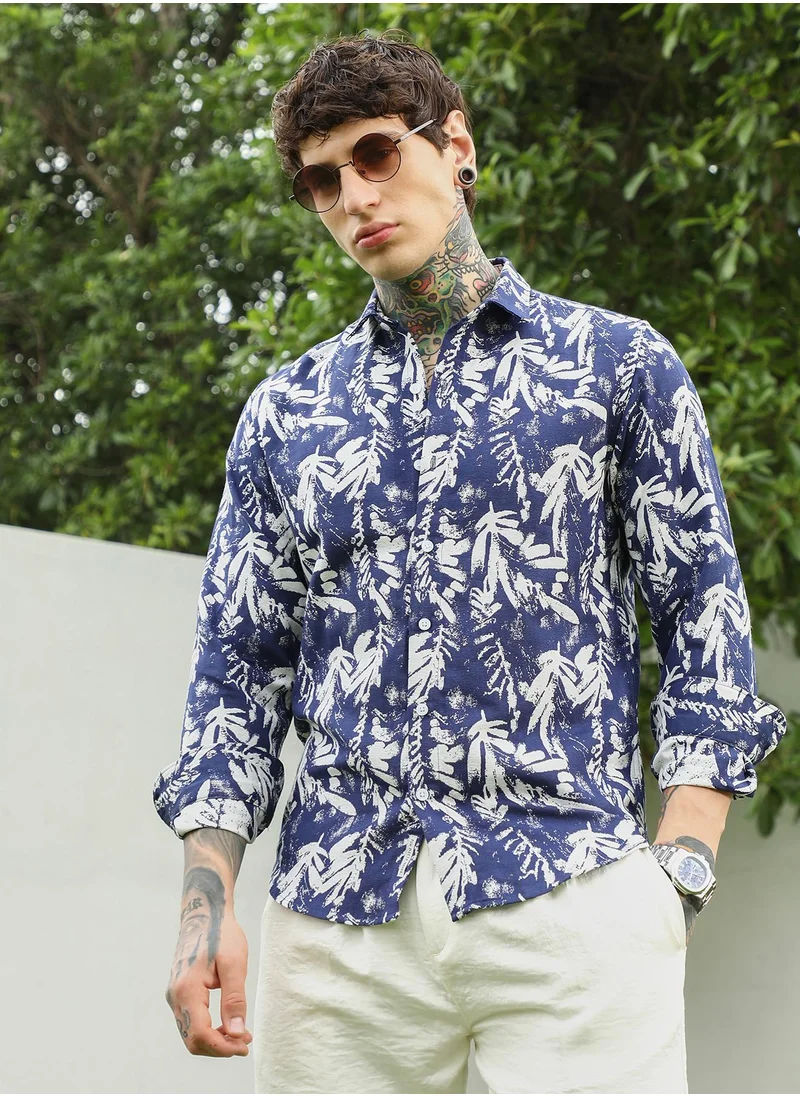كامبوس سوترا Men's Navy Blue Botanical Print Cotton Blend Full Sleeve Shirt