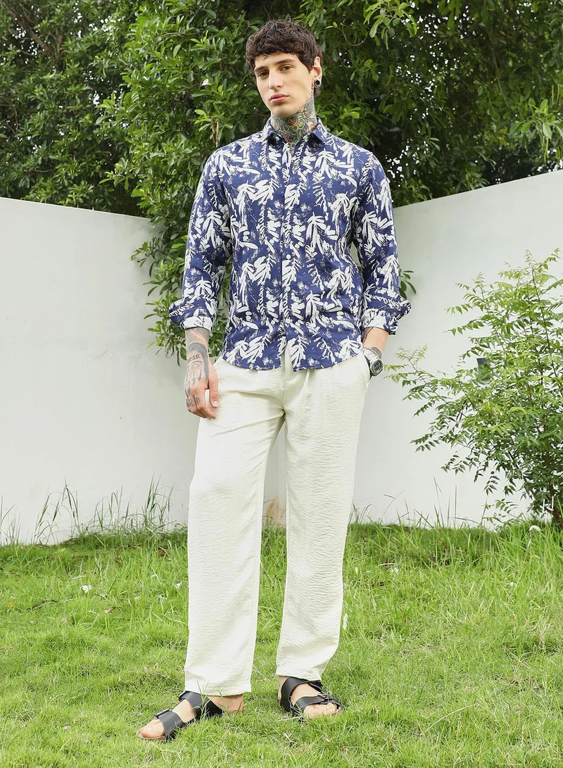 Campus Sutra Men's Navy Blue Botanical Print Cotton Blend Full Sleeve Shirt