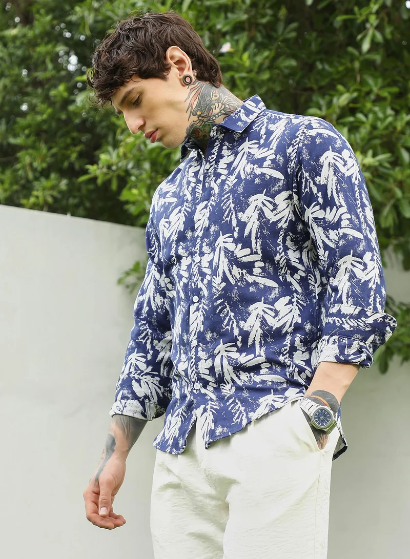 Campus Sutra Men's Navy Blue Botanical Print Cotton Blend Full Sleeve Shirt