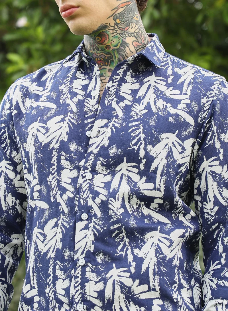 Campus Sutra Men's Navy Blue Botanical Print Cotton Blend Full Sleeve Shirt