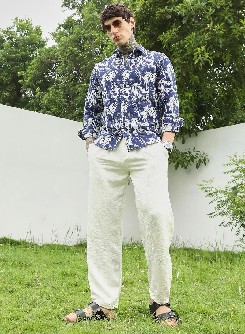 Campus Sutra Men's Navy Blue Botanical Print Cotton Blend Full Sleeve Shirt