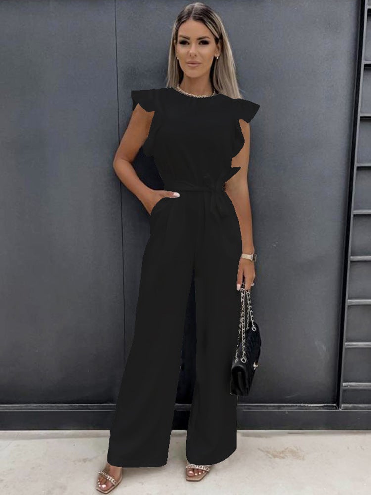 2023 Summer Womens Casual Jumpsuit with Ruffle Tie Black - Image 1