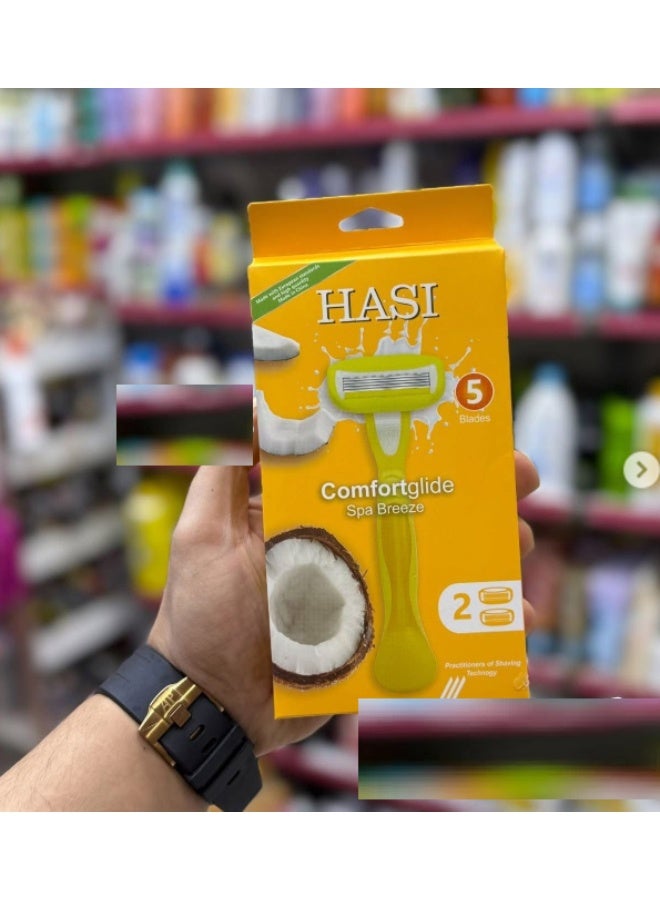 HASI Razor For Women, Pivoted Head, Comfortglide Spa Breeze, Five Blade, 1 Piece + 2 Blades