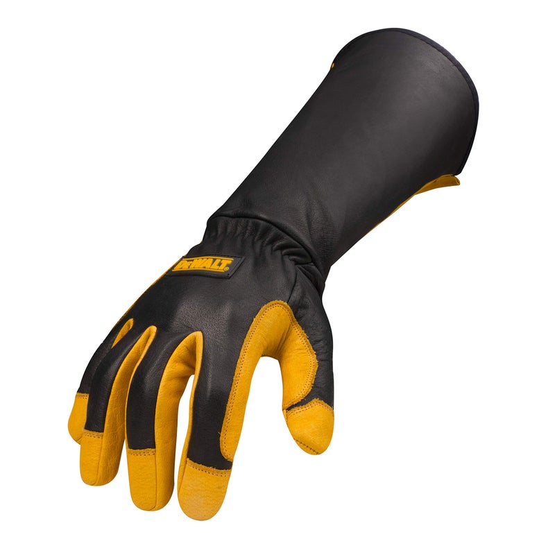 DEWALT Premium Leather Welding Gloves FireHeat Resistant GauntletStyle Cuff Elastic Wrist Small