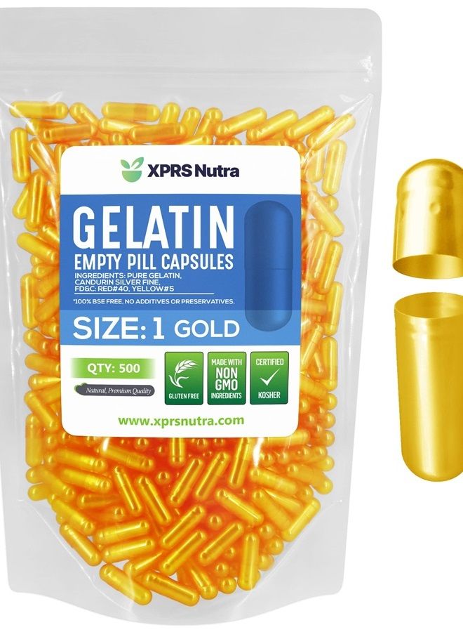 XPRS Nutra Size 1 Empty Capsules - 500 Count Empty Gelatin Capsules - Empty Pill Capsules - DIY Capsule Filling - Pure Bovine Pill Capsules Empty Gel Caps (Gold) - Image 1