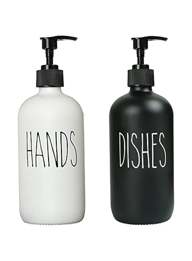 MIXDE 2-Pack Soap Dispenser Set: Dish Soap & Hand Soap, 16 oz Glass with Black Plastic Pumps - Ideal for Black and White Kitchen Decor - Image 1