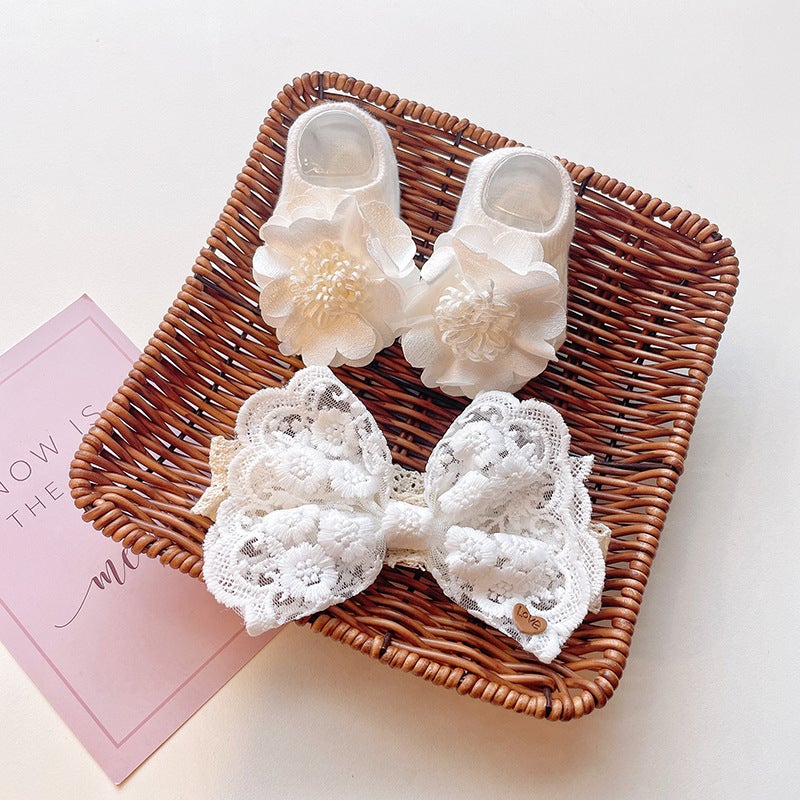 Generic Cute Newborn Socks and Headband Set Cartoon Korean Style Baby Accessories White flowers 