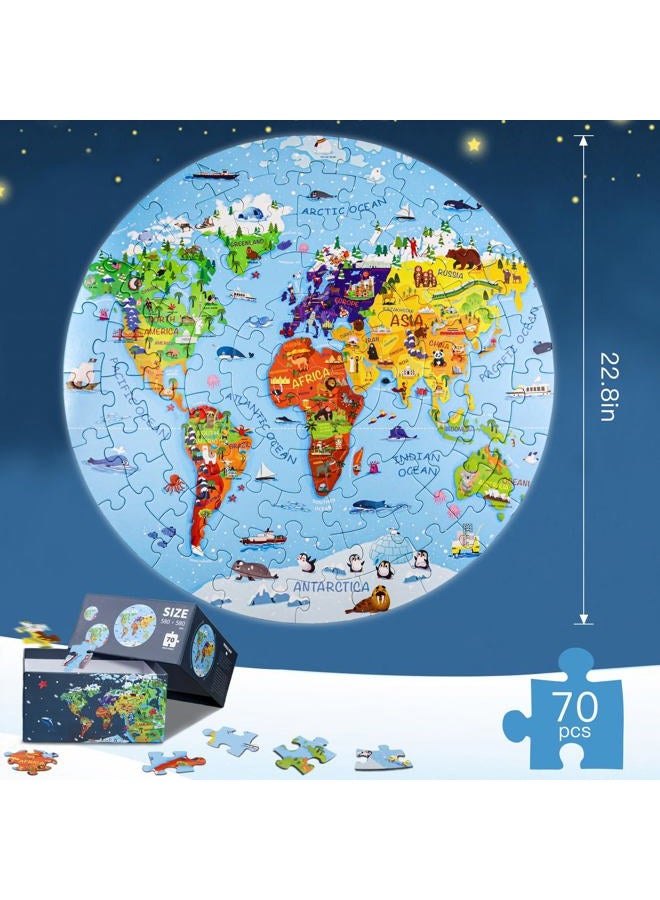 DIGOBAY World Map Jigsaw Puzzle for Kids Ages 3-8, 70 Pieces Globe, Large Round Floor Puzzle for Kids, Toddlers, Geography Games, Educational Toys, Birthday Gifts - Image 2