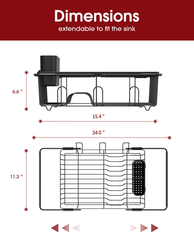 Sakugi Dish Drying Rack in Sink - Expandable Stainless Steel Dish Rack Over The Sink, Kitchen Sink Drain Strainer with Cutlery Holder & Cup Holders, 15.4 x 11.3 x 6.6 Inch, Black - Image 4