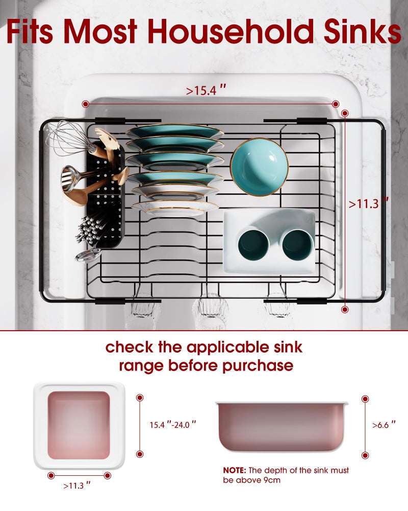 Sakugi Dish Drying Rack in Sink - Expandable Stainless Steel Dish Rack Over The Sink, Kitchen Sink Drain Strainer with Cutlery Holder & Cup Holders, 15.4 x 11.3 x 6.6 Inch, Black - Image 3