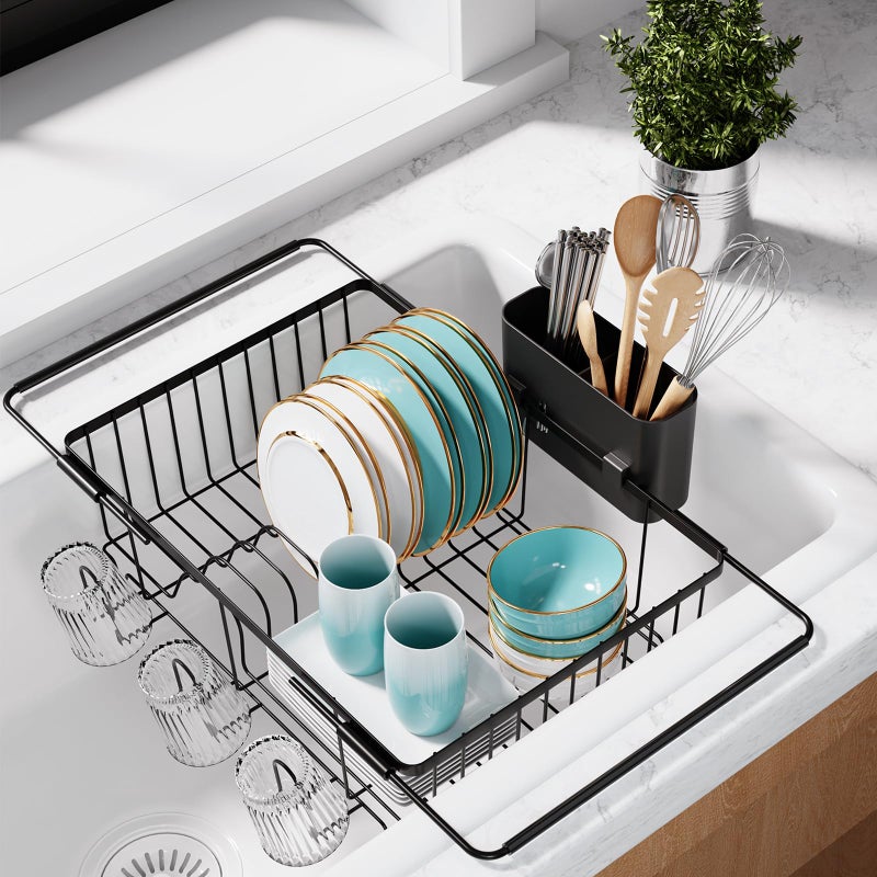 Sakugi Dish Drying Rack in Sink - Expandable Stainless Steel Dish Rack Over The Sink, Kitchen Sink Drain Strainer with Cutlery Holder & Cup Holders, 15.4 x 11.3 x 6.6 Inch, Black - Image 1