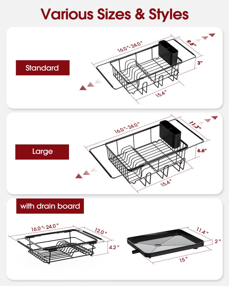 Sakugi Dish Drying Rack in Sink - Expandable Stainless Steel Dish Rack Over The Sink, Kitchen Sink Drain Strainer with Cutlery Holder & Cup Holders, 15.4 x 11.3 x 6.6 Inch, Black - Image 5