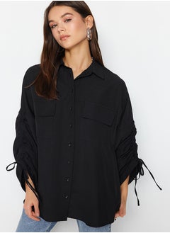 trendyol Black Woven Cotton Shirt with Adjustable Gathering Detail on Sleeves TCTSS23TG00011  - Image 1