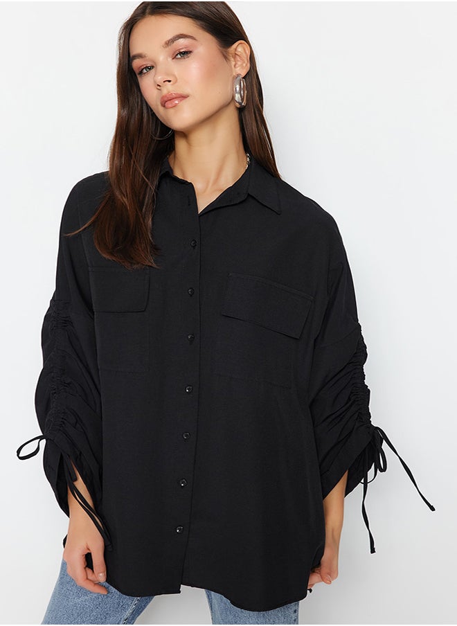trendyol Black Woven Cotton Shirt with Adjustable Gathering Detail on Sleeves TCTSS23TG00011  - Image 1