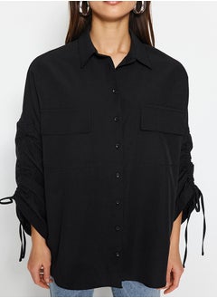 trendyol Black Woven Cotton Shirt with Adjustable Gathering Detail on Sleeves TCTSS23TG00011  - Image 4