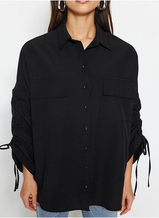 trendyol Black Woven Cotton Shirt with Adjustable Gathering Detail on Sleeves TCTSS23TG00011  - Image 4