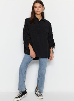 trendyol Black Woven Cotton Shirt with Adjustable Gathering Detail on Sleeves TCTSS23TG00011  - Image 3