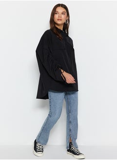 trendyol Black Woven Cotton Shirt with Adjustable Gathering Detail on Sleeves TCTSS23TG00011  - Image 2