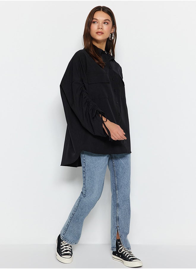 trendyol Black Woven Cotton Shirt with Adjustable Gathering Detail on Sleeves TCTSS23TG00011  - Image 2
