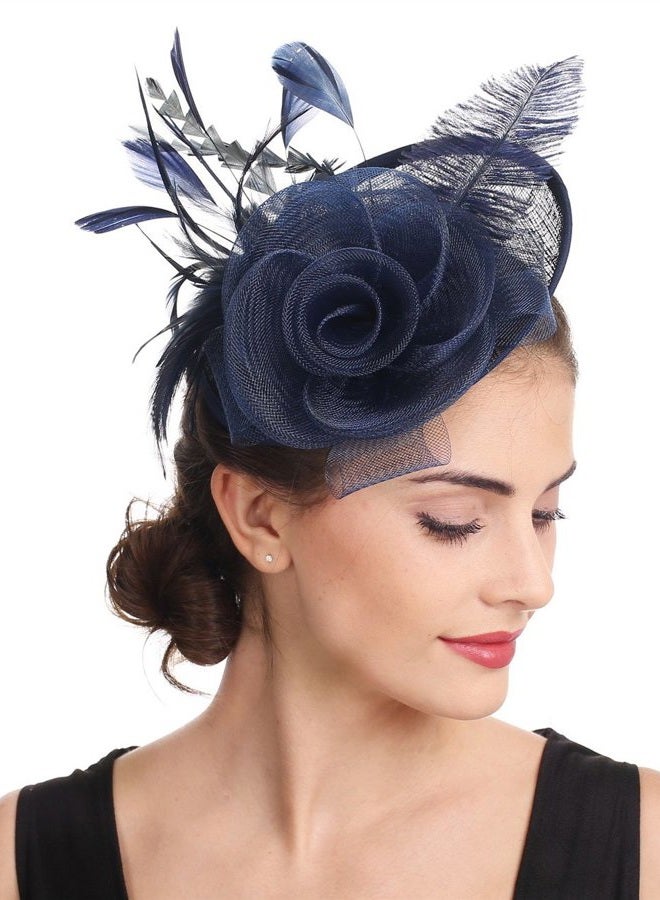 SAFERIN Women's Fascinators Feathers Tea Party Hat Veil Headband with Hair Clip for Cocktail Church, Ta4-navy, 1 - Image 3
