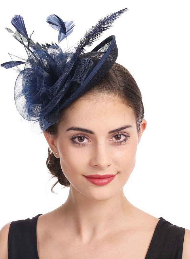 SAFERIN Women's Fascinators Feathers Tea Party Hat Veil Headband with Hair Clip for Cocktail Church, Ta4-navy, 1 - Image 2