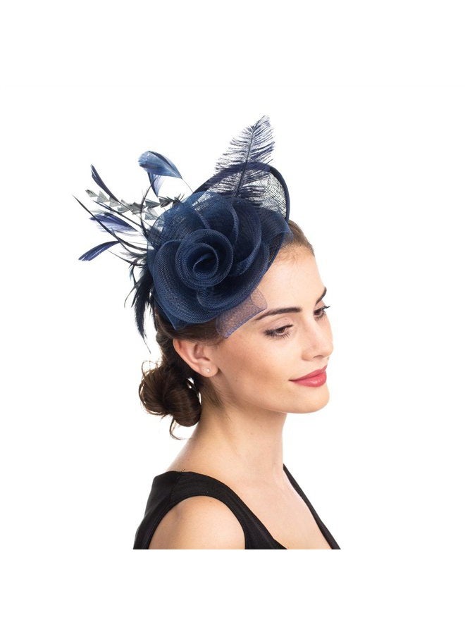 SAFERIN Women's Fascinators Feathers Tea Party Hat Veil Headband with Hair Clip for Cocktail Church, Ta4-navy, 1 - Image 1