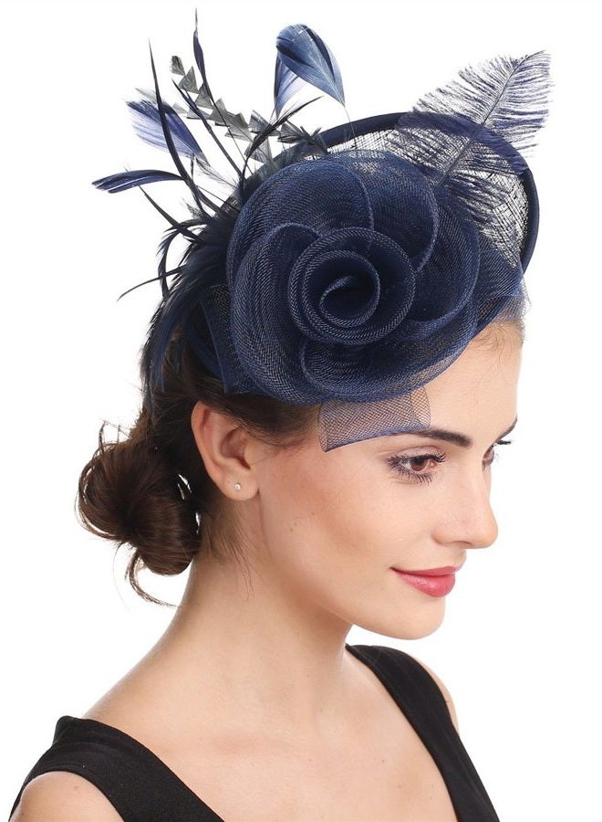 SAFERIN Women's Fascinators Feathers Tea Party Hat Veil Headband with Hair Clip for Cocktail Church, Ta4-navy, 1 - Image 4