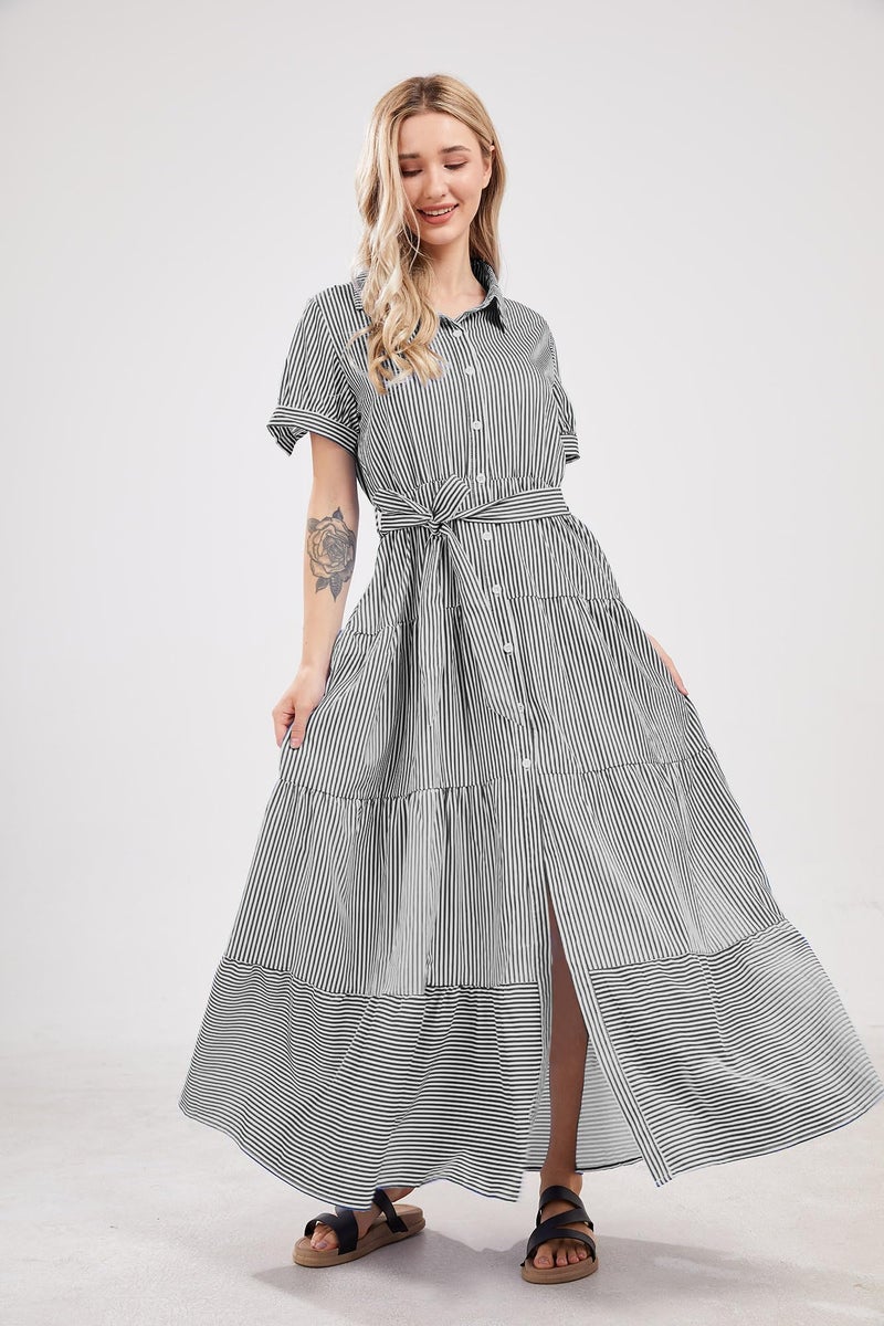 utcoco Womens Casual Short Sleeve Button Down Tie Waist Ruffled Striped Maxi Shirt Dress (Small, Black) - Image 2
