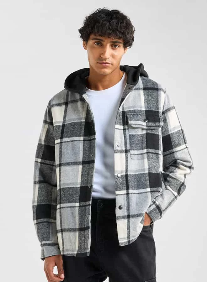 Splash FAV Checked Hooded Shirt with Long Sleeves and Snap Button Closure