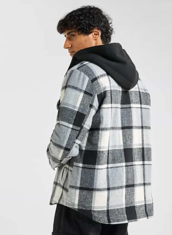 Splash FAV Checked Hooded Shirt with Long Sleeves and Snap Button Closure