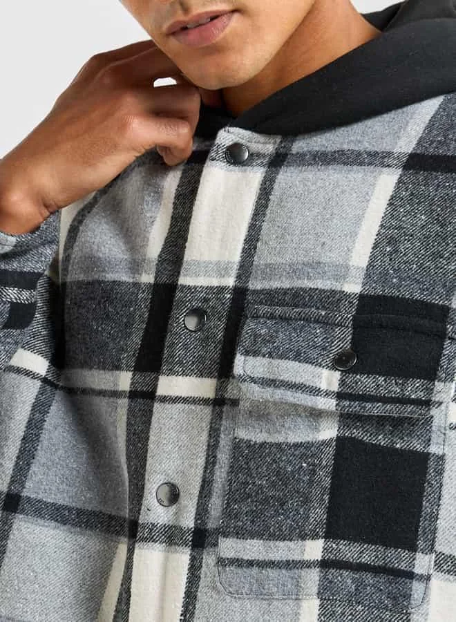 Splash FAV Checked Hooded Shirt with Long Sleeves and Snap Button Closure