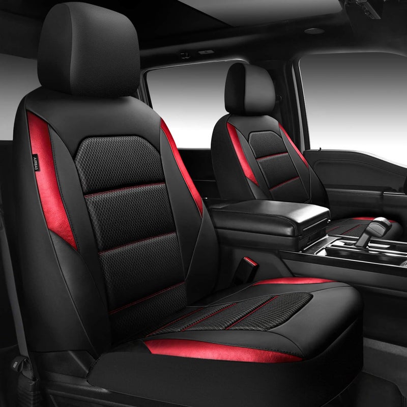 CAR PASS Memory Foam Leather Seat Covers,Air Cool Mesh Thick Car Seat Covers Front Seats Red Leather Seat Covers for Cars Universal for SUVs Trucks,Airbag Compatible Comfort Durable,Black Red Metal - Image 1