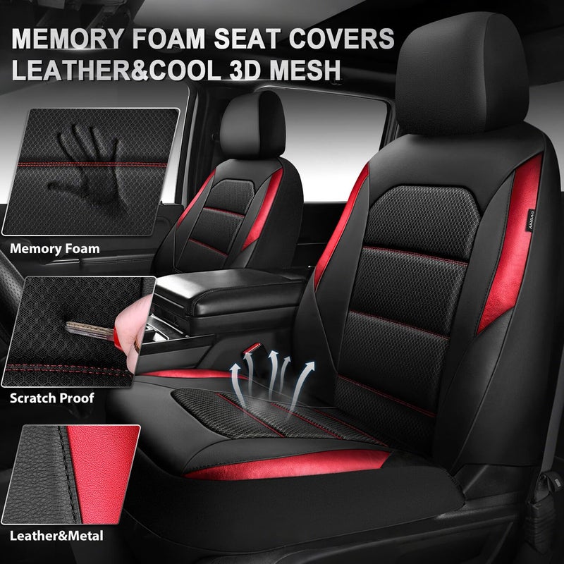 CAR PASS Memory Foam Leather Seat Covers,Air Cool Mesh Thick Car Seat Covers Front Seats Red Leather Seat Covers for Cars Universal for SUVs Trucks,Airbag Compatible Comfort Durable,Black Red Metal - Image 2