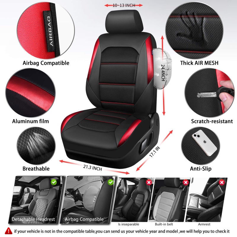 CAR PASS Memory Foam Leather Seat Covers,Air Cool Mesh Thick Car Seat Covers Front Seats Red Leather Seat Covers for Cars Universal for SUVs Trucks,Airbag Compatible Comfort Durable,Black Red Metal - Image 4