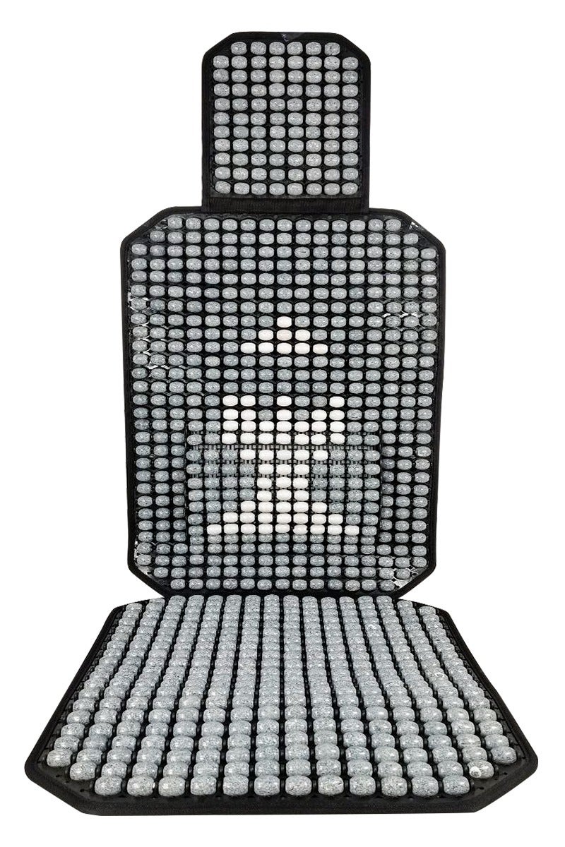 Wooden Bead Car Seat Cushion Full Seat Cover with Headrest – Grey Beads on Black Base – Universal Fit for Cars Trucks SUVs – Ventilated Cooling Airflow – Massaging Effect for Back Hips Thighs – Durable Double Strings – Easy Installation – Reduces Fatigue - Image 1