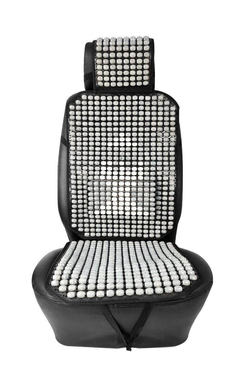 Wooden Bead Car Seat Cushion Full Seat Cover with Headrest – Grey Beads on Black Base – Universal Fit for Cars Trucks SUVs – Ventilated Cooling Airflow – Massaging Effect for Back Hips Thighs – Durable Double Strings – Easy Installation – Reduces Fatigue - Image 2
