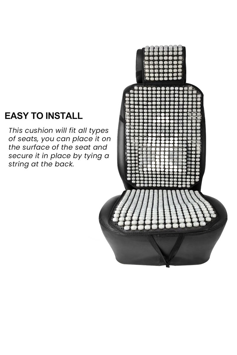 Wooden Bead Car Seat Cushion Full Seat Cover with Headrest – Grey Beads on Black Base – Universal Fit for Cars Trucks SUVs – Ventilated Cooling Airflow – Massaging Effect for Back Hips Thighs – Durable Double Strings – Easy Installation – Reduces Fatigue - Image 4