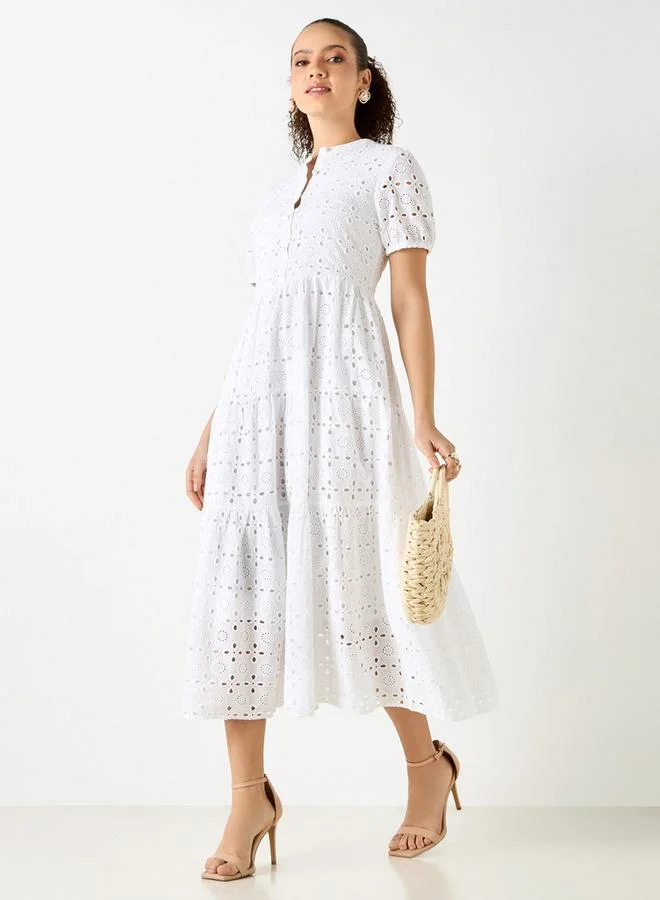 Lee Cooper Lee Cooper All-Over Schiffli Embroidered Cotton Dress with Puff Sleeves